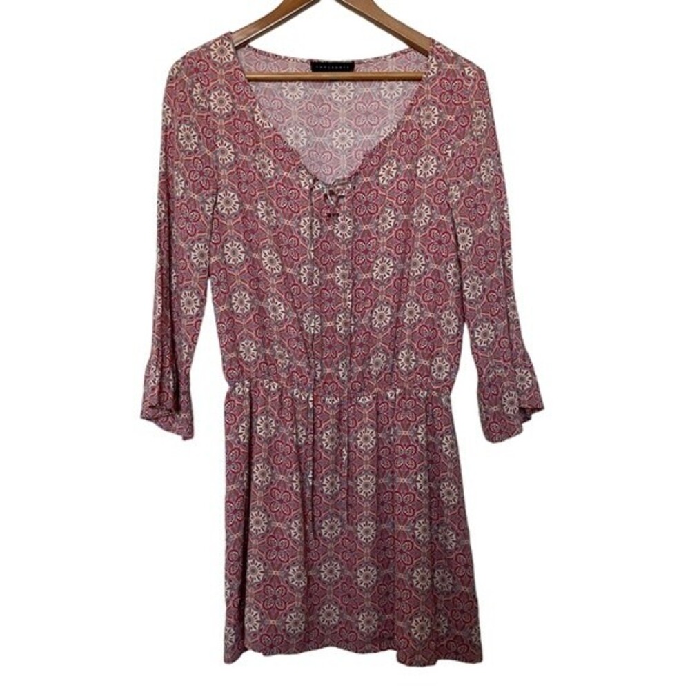 Sanctuary Marrakech Boho Lace-up Front Dress w/ Bell Sleeves. Pink & Red. Size S